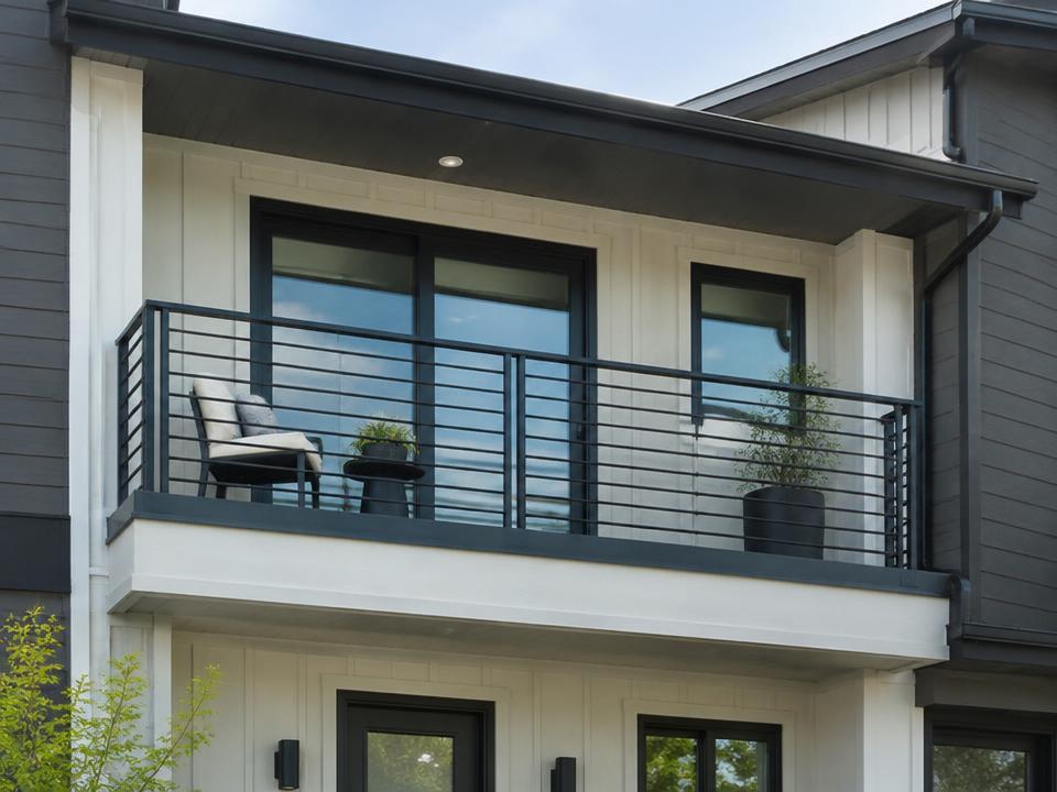 Modern horizontal metal balcony railing on a townhouse