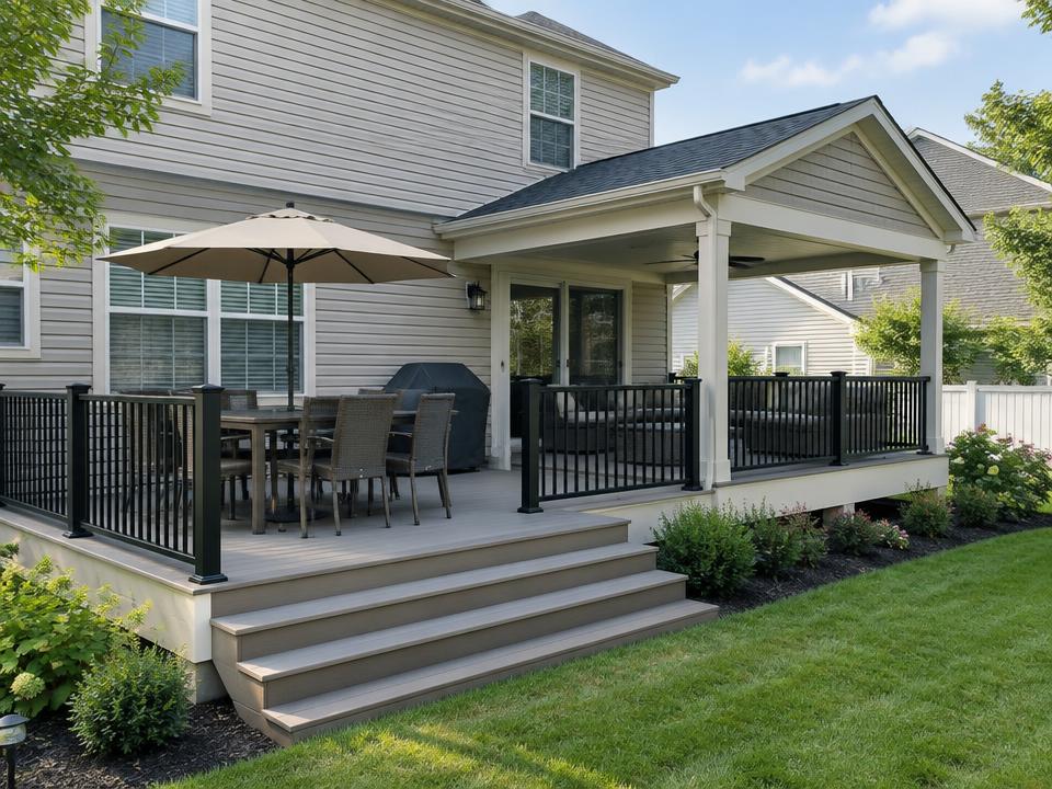 Composite deck with black aluminum deck railings and stairs