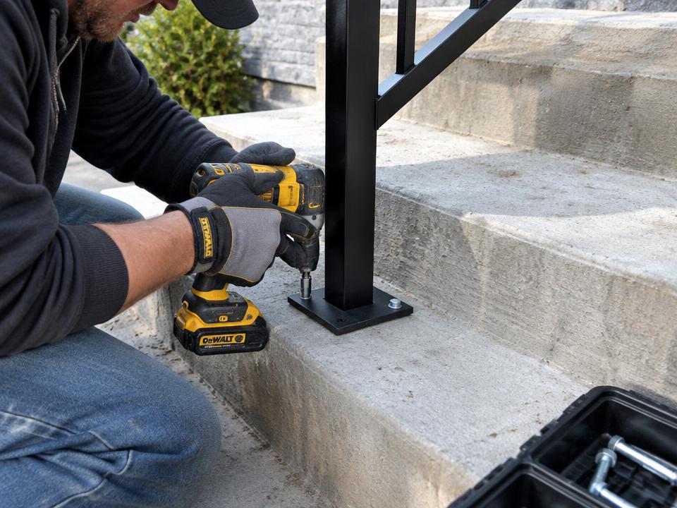 Railing post anchored to concrete steps during installation