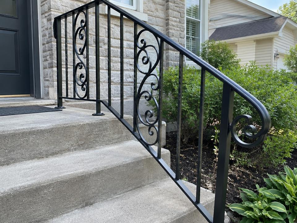 Older black metal railing on concrete steps ready for repair